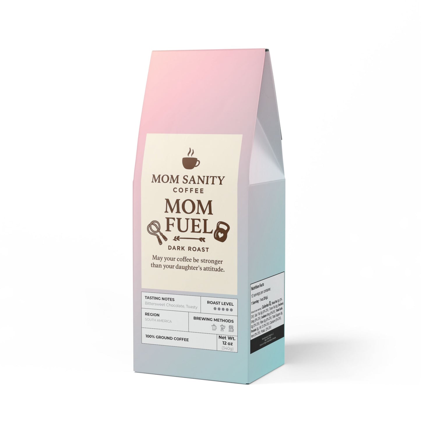 Coffee bag labeled 'Mom Sanity Coffee Mom Fuel' with a gradient pink to blue design on a white background.
