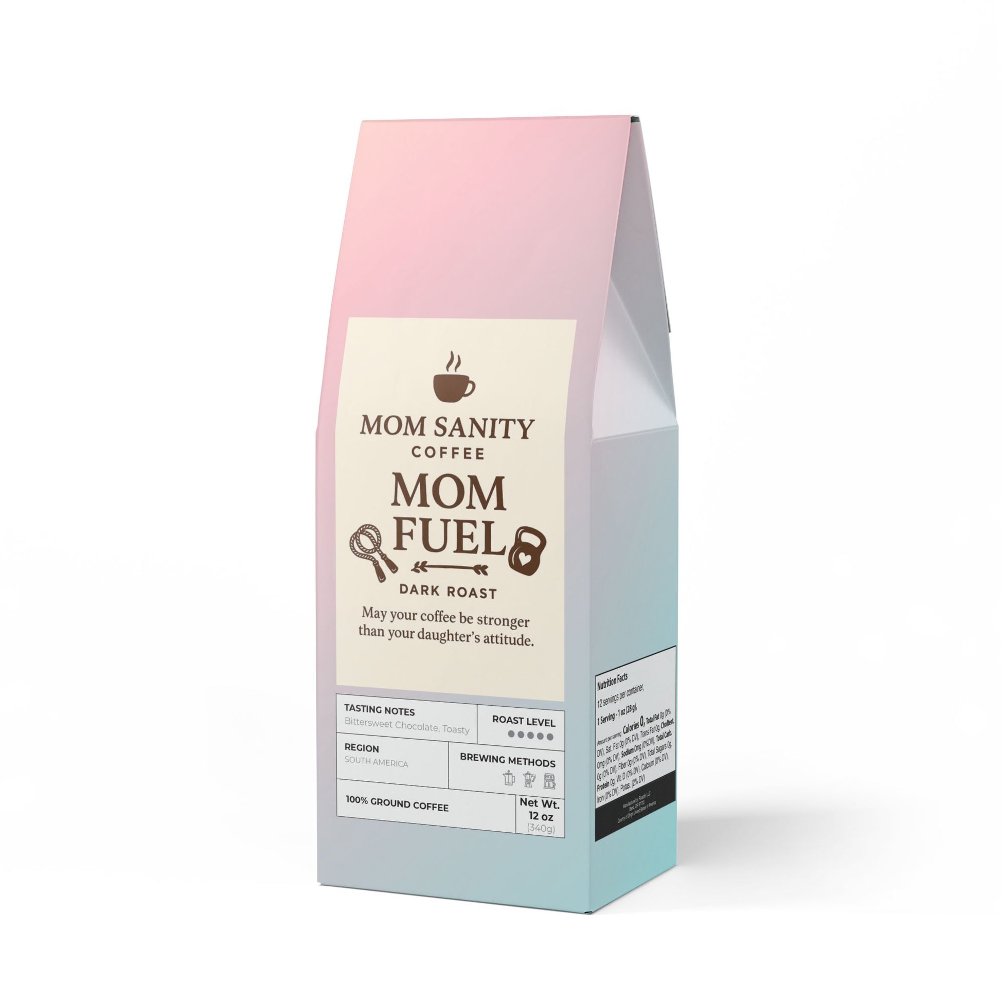 Coffee bag labeled 'Mom Sanity Coffee Mom Fuel' with a gradient pink to blue design on a white background.